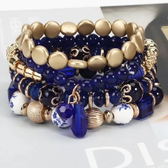 4 Boho Blue & Gold Stackable bracelets - Picture 1 of 1